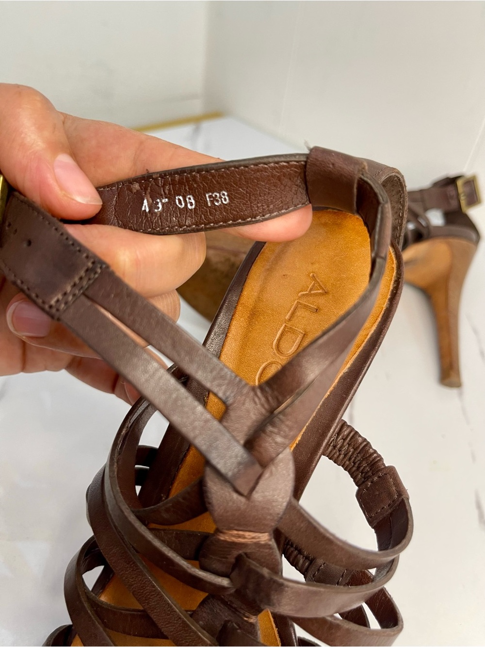 Aldo Brown Strappy High Heel Sandals with Intricate Design Sz EU 37/ US 6.5-7 - Picture 12 of 12